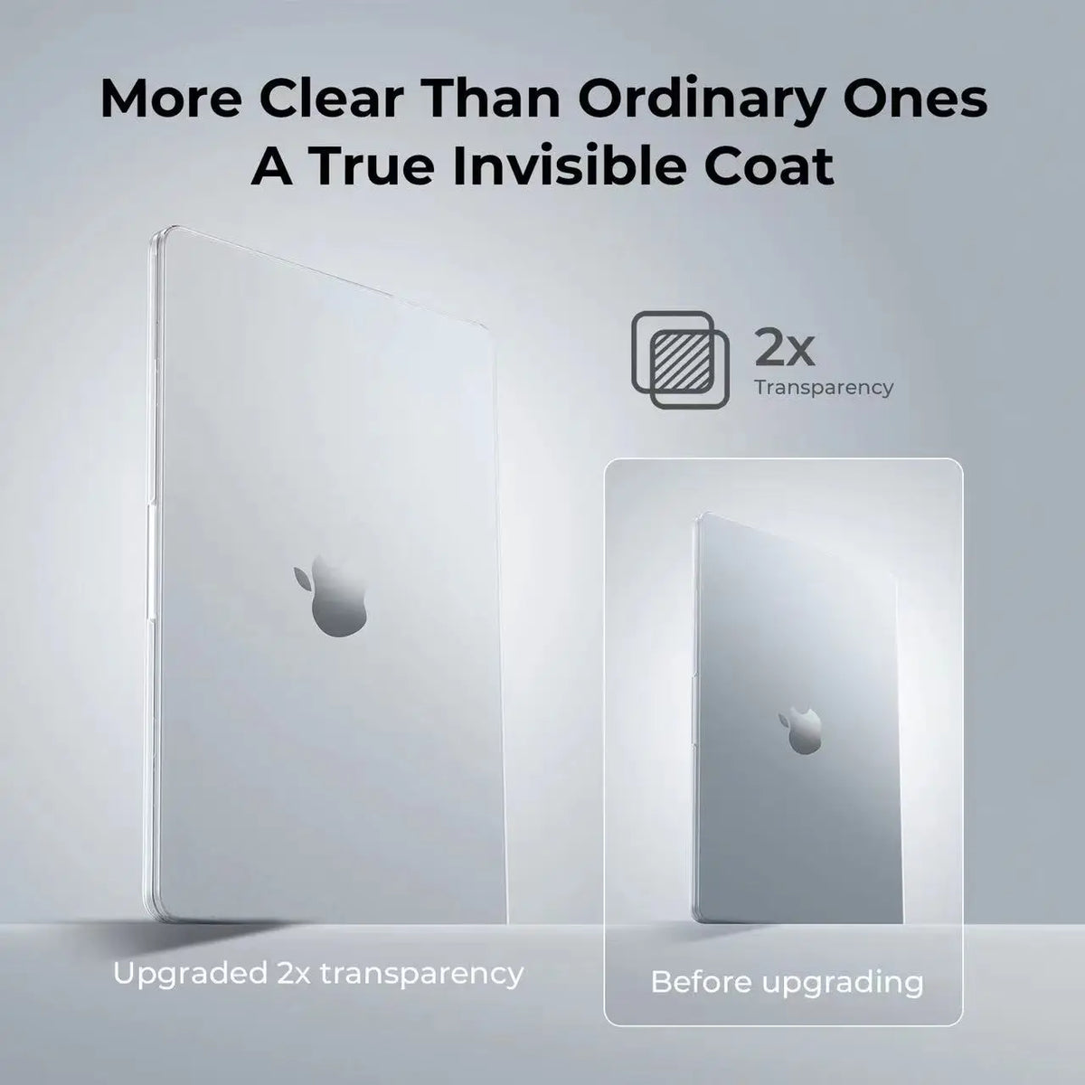 A comparison showing an upgraded 2x transparency hard shell case for a MacBook Pro, demonstrating increased clarity.