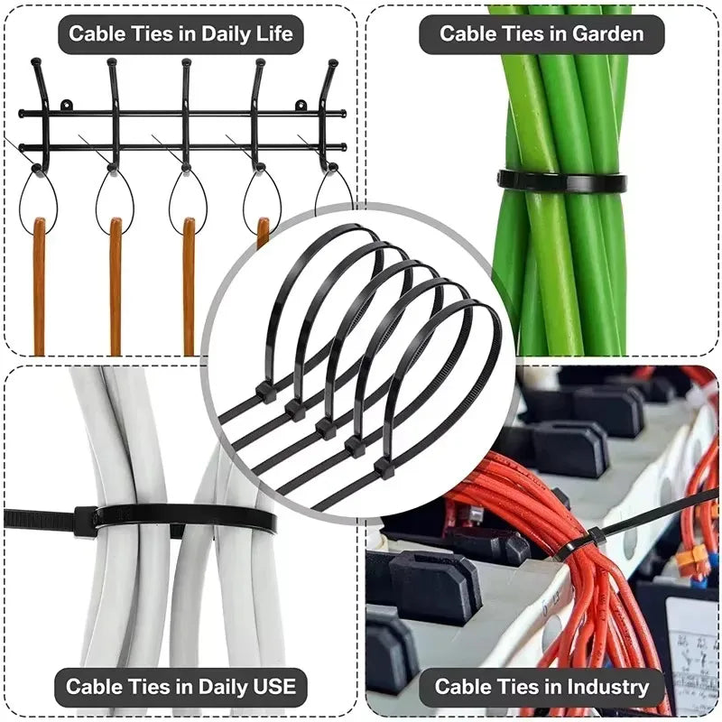 Various types of heavy-duty nylon cable ties shown in daily life, garden use, and industrial settings.
