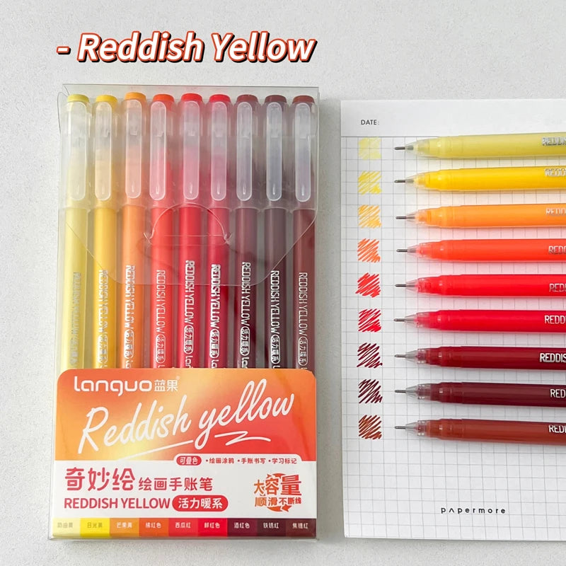 A set of nine reddish yellow gel pens packaged in a clear plastic case and displayed next to the product box.