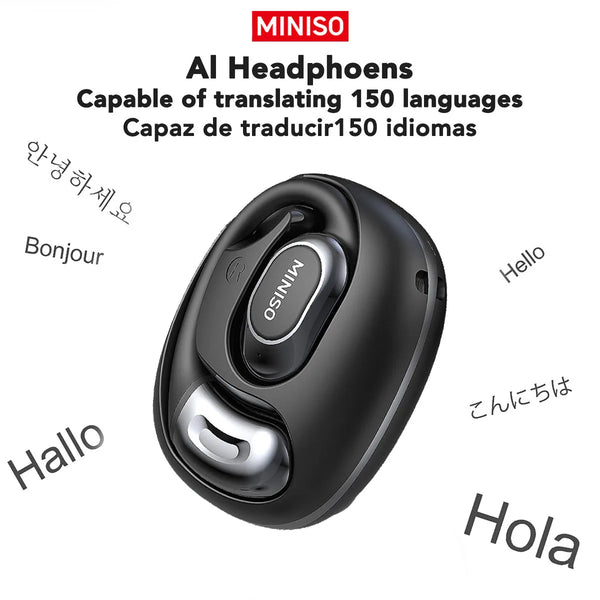 Black AI headphones shown with various language translations written in Korean, French, and Spanish.