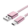 A pink braided mini USB to USB charging and data sync cable with silver connectors.