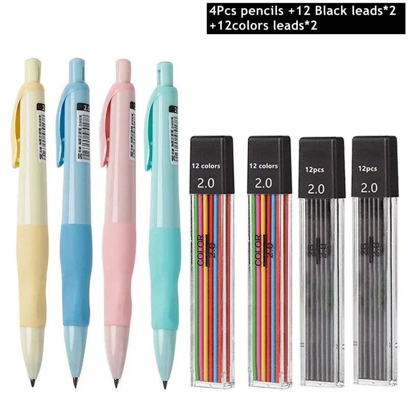 Un juego de cuatro lápices mecánicos en forma de delfín con 12 grafitos negros y 12 de colores.