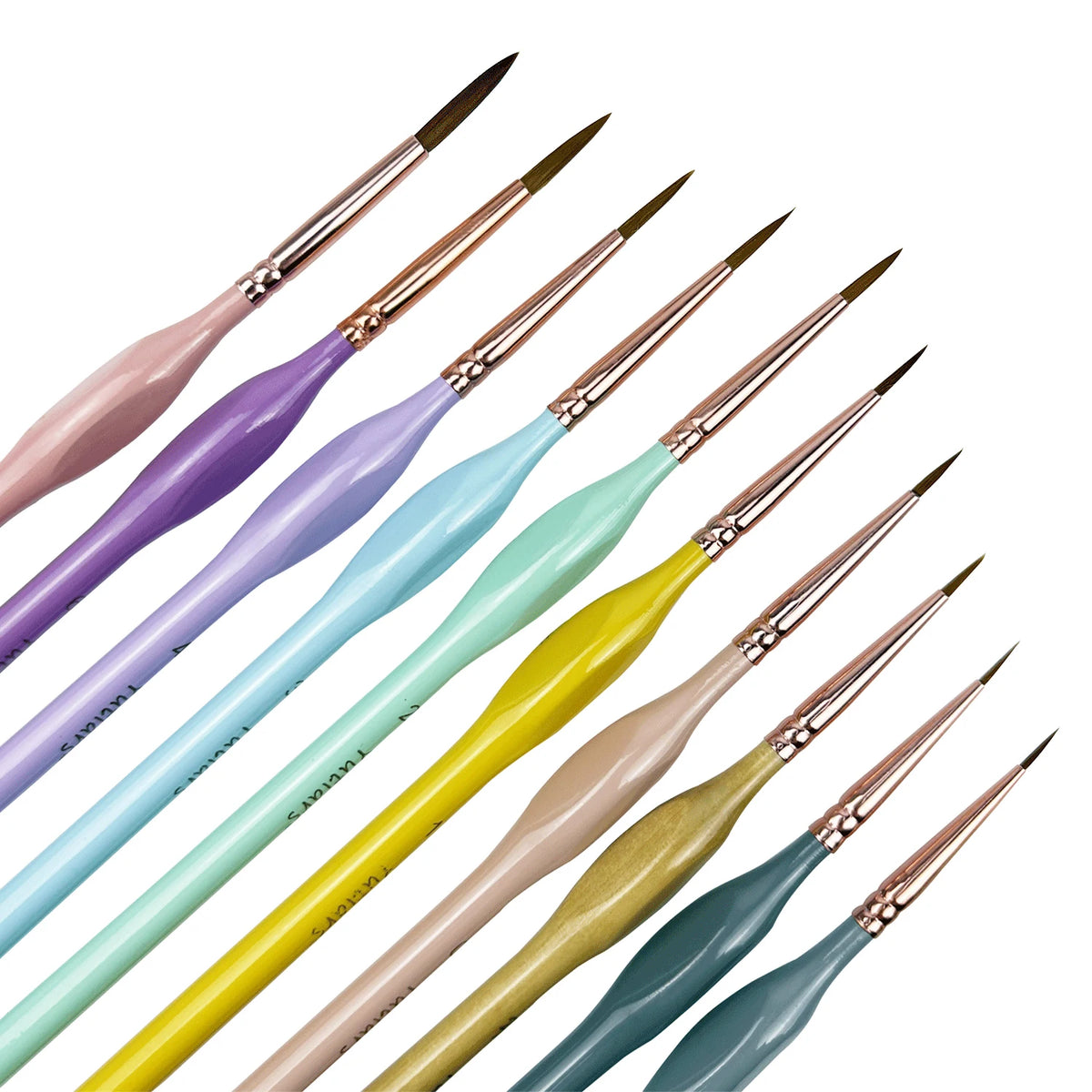 A set of professional miniature paint brushes with various tapered tips and ergonomic handles in pastel colors.