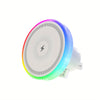 A round magnetic wireless car charger with an RGB ambient light, featuring a white base and a multicolored glow.