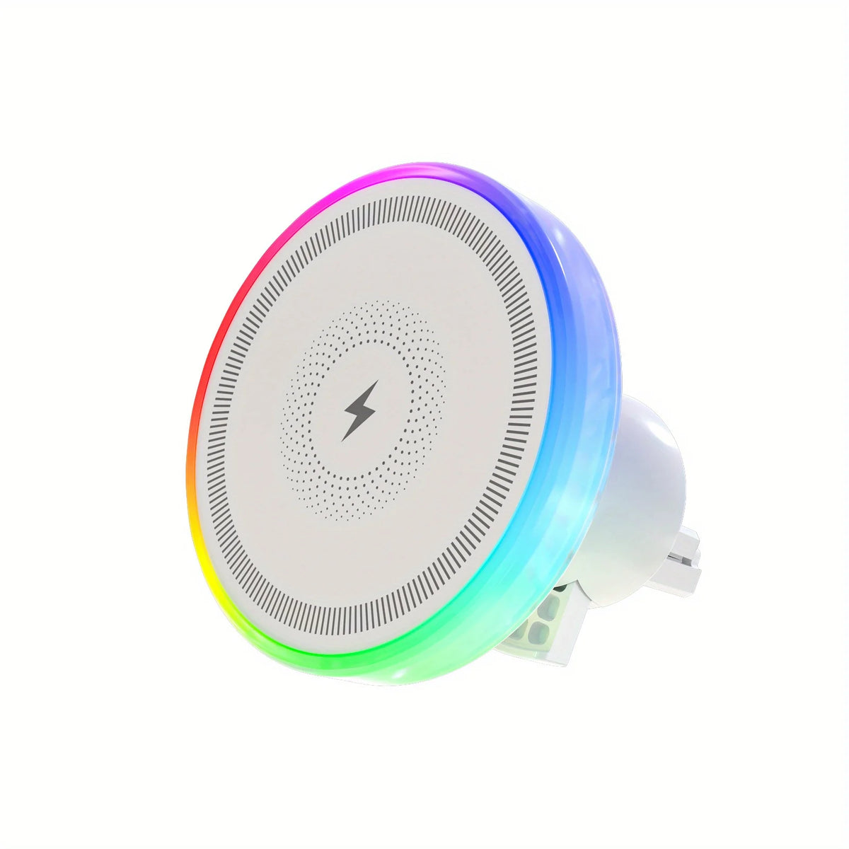 A round magnetic wireless car charger with an RGB ambient light, featuring a white base and a multicolored glow.