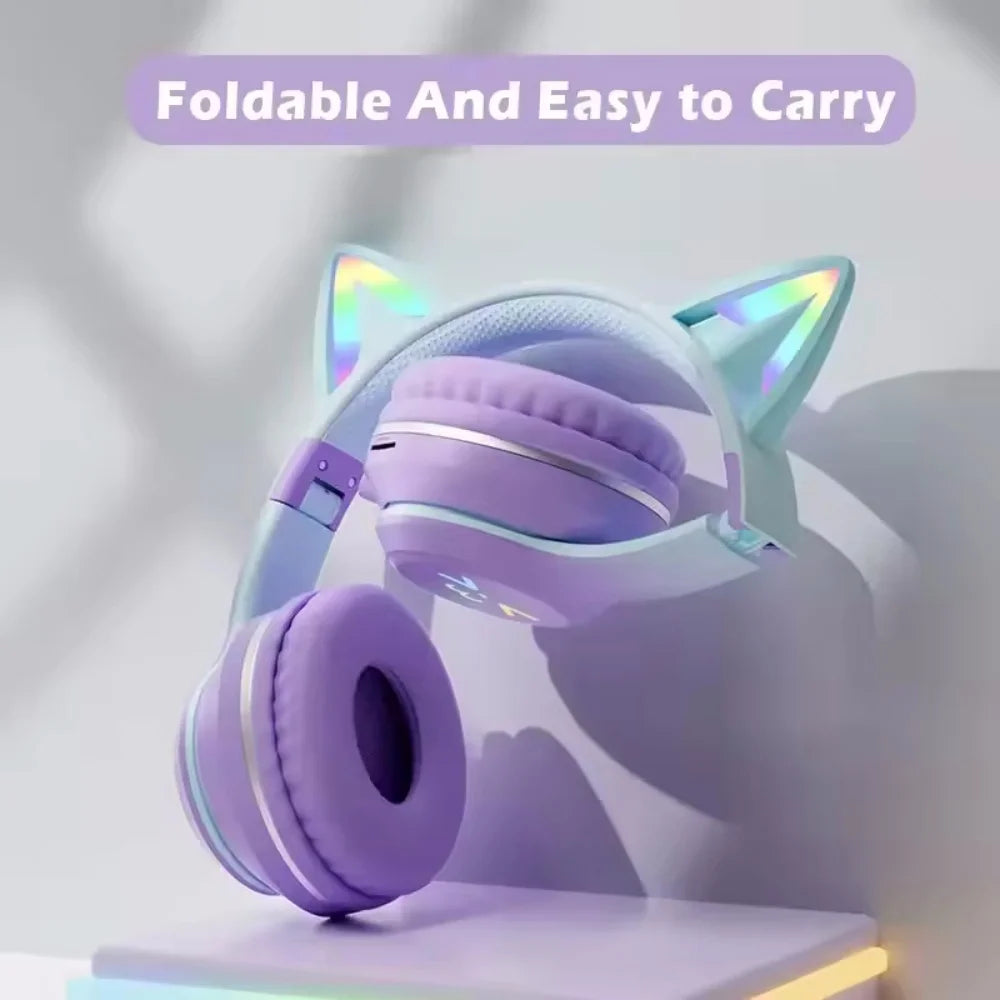Purple gradient RGB cat ear Bluetooth headphones folded and easy to carry
