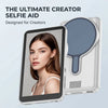 A white phone case with a magnetic selfie aid designed for creators, showing a woman's portrait.
