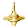 A gold metal hand spinning top fidget toy with a pointed base and a small stud on top.