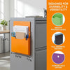 A gray wall-mounted document file holder with an orange folder and various accessories, designed for durability and versatili