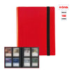 A red 4-grids card binder album with a black closure strap and an inset showing the card capacity.
