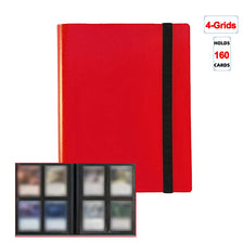 A red 4-grids card binder album with a black closure strap and an inset showing the card capacity.
