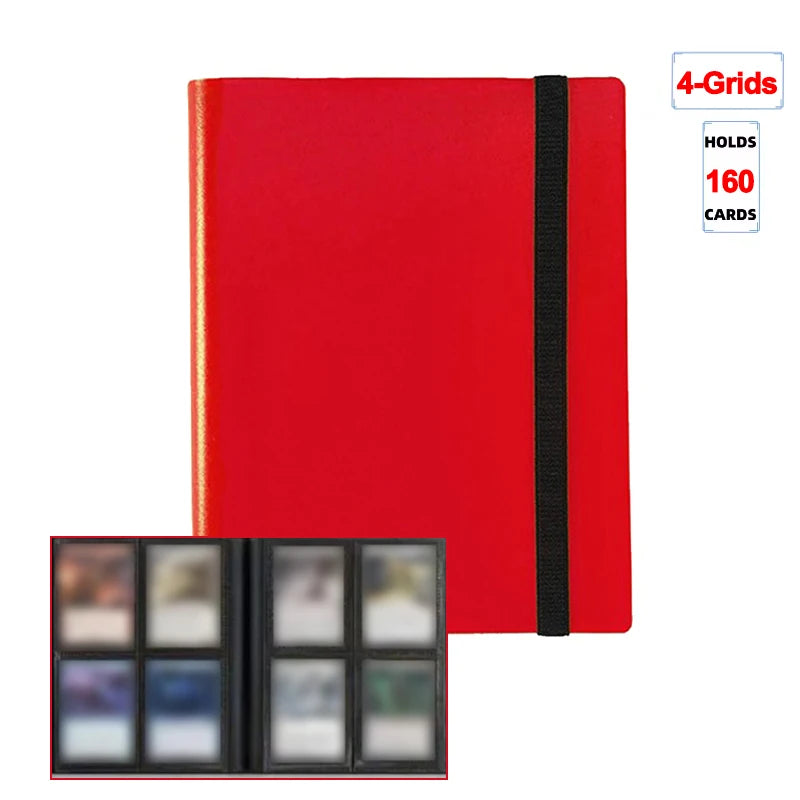 A red 4-grids card binder album with a black closure strap and an inset showing the card capacity.