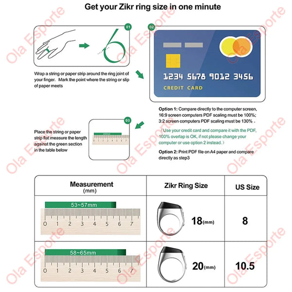 Instructions show how to measure a finger for a Zikr ring size and compare it to US sizes.