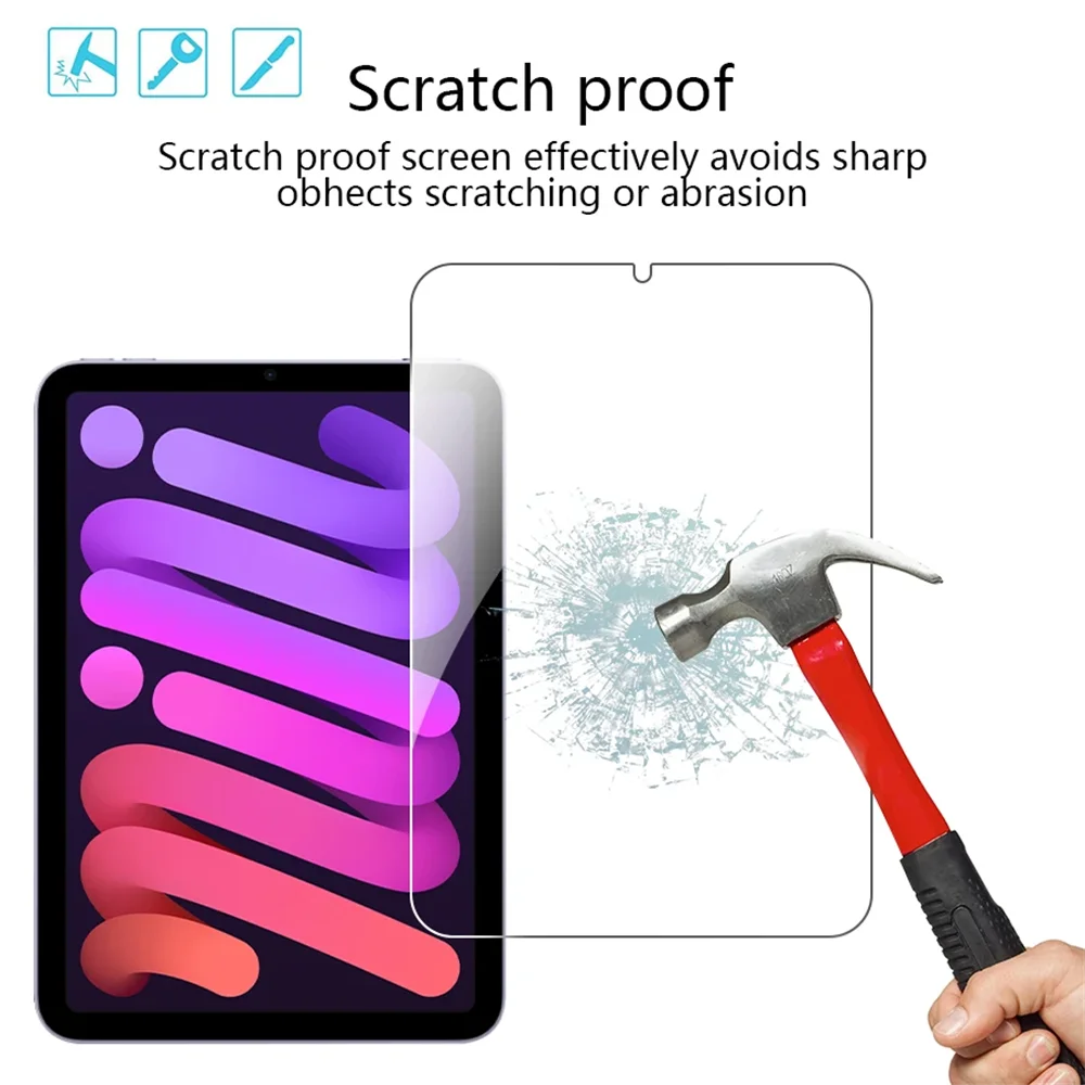 A hand holds a hammer near a tablet screen demonstrating the scratch proof feature of a tempered glass screen protector.