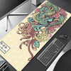 A gaming desk mat featuring a vibrant purple and white Japanese dragon design.