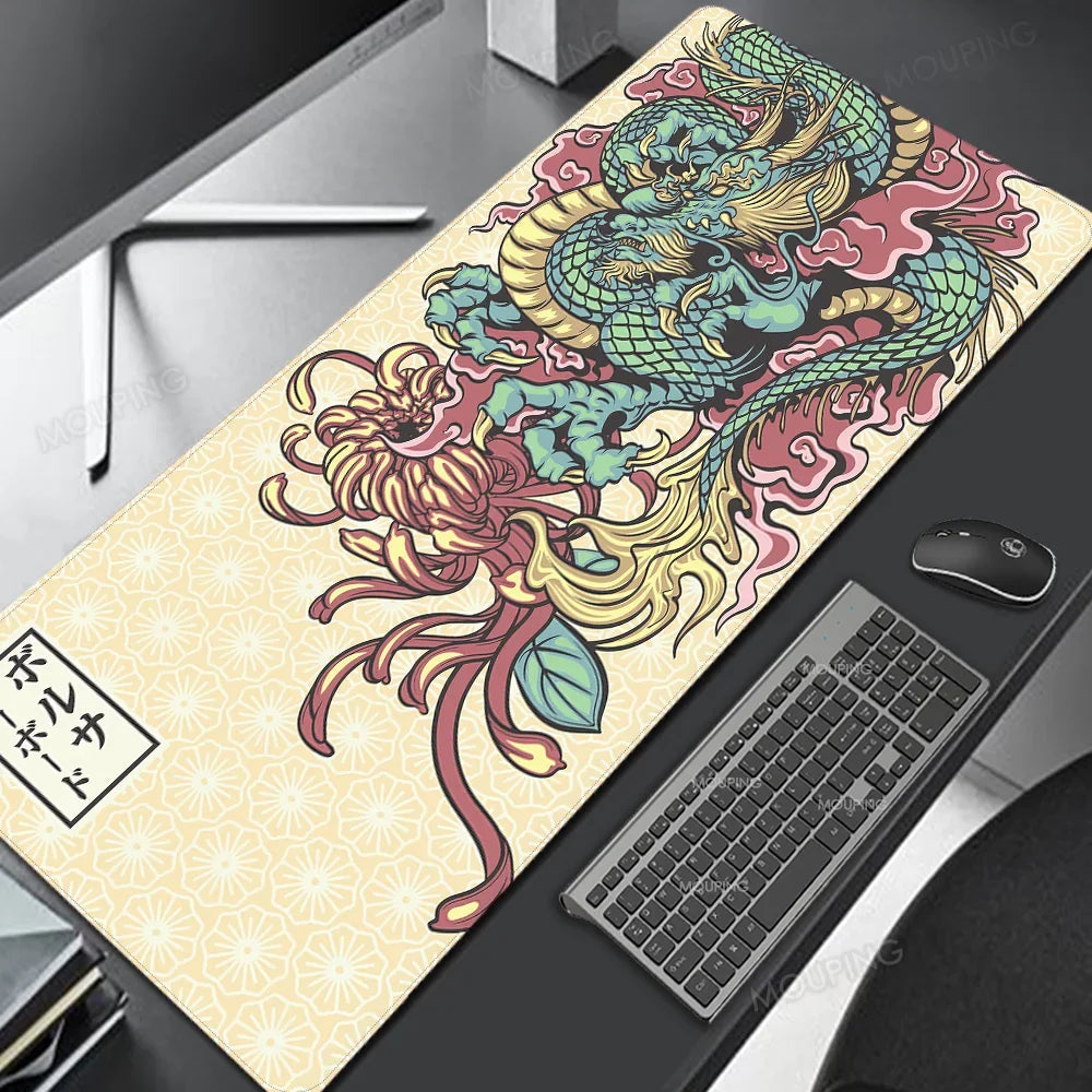A gaming desk mat featuring a vibrant purple and white Japanese dragon design.