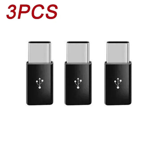 Three black adapter converters for USB Type-C to Micro USB conversion.