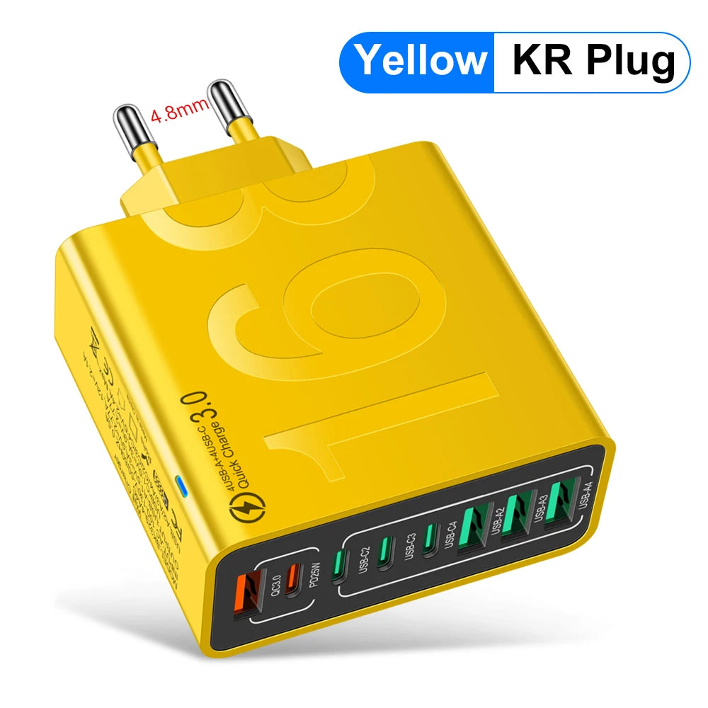 A yellow KR Plug multi-port fast charging adapter with four USB ports and a 4.8mm connector.