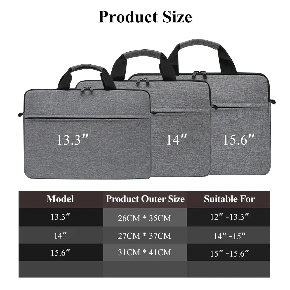 Gray laptop and tablet messenger bags shown with size measurements 13.3, 14, and 15.6 inches.