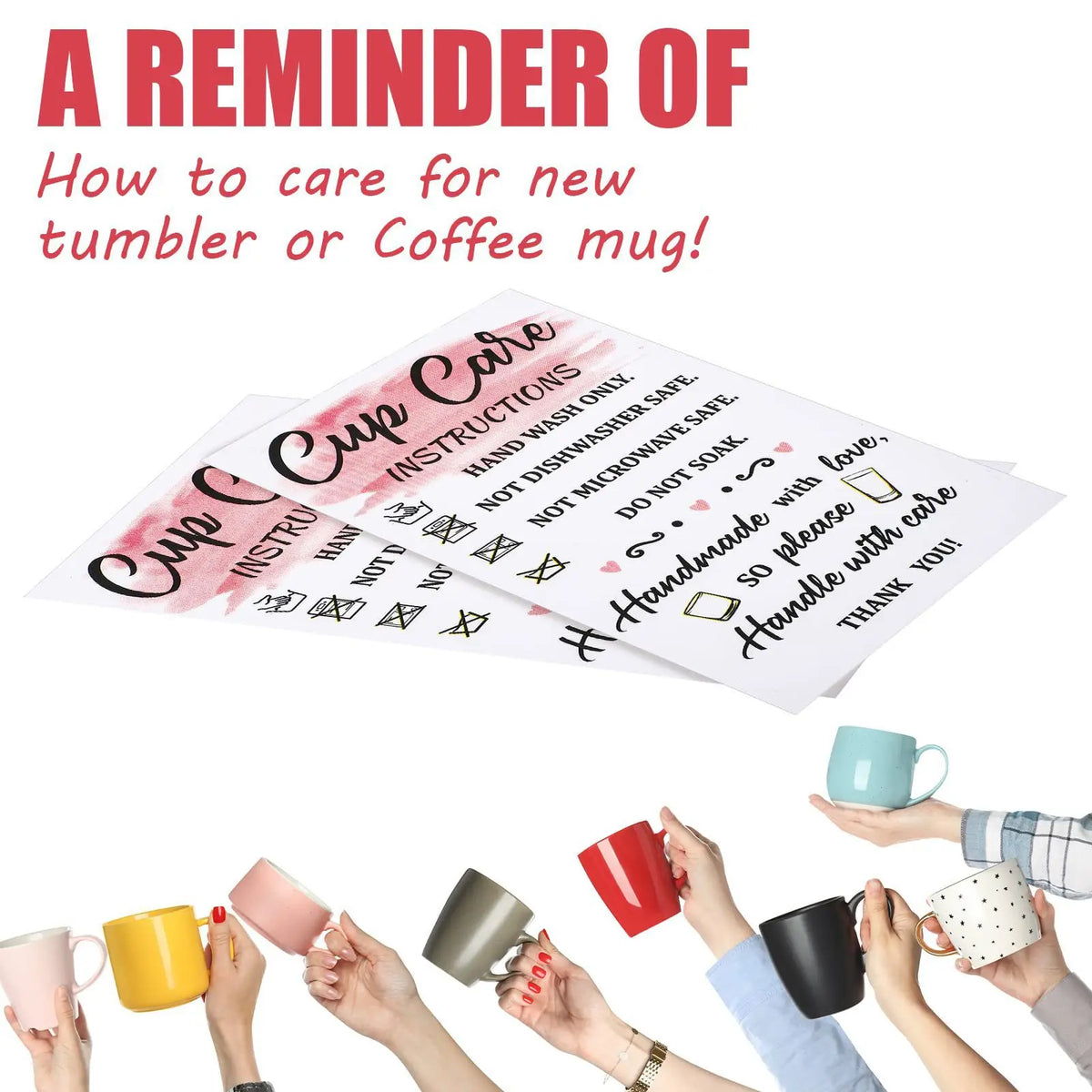A hand is holding a pink cup care instruction card with a checkmark on it.