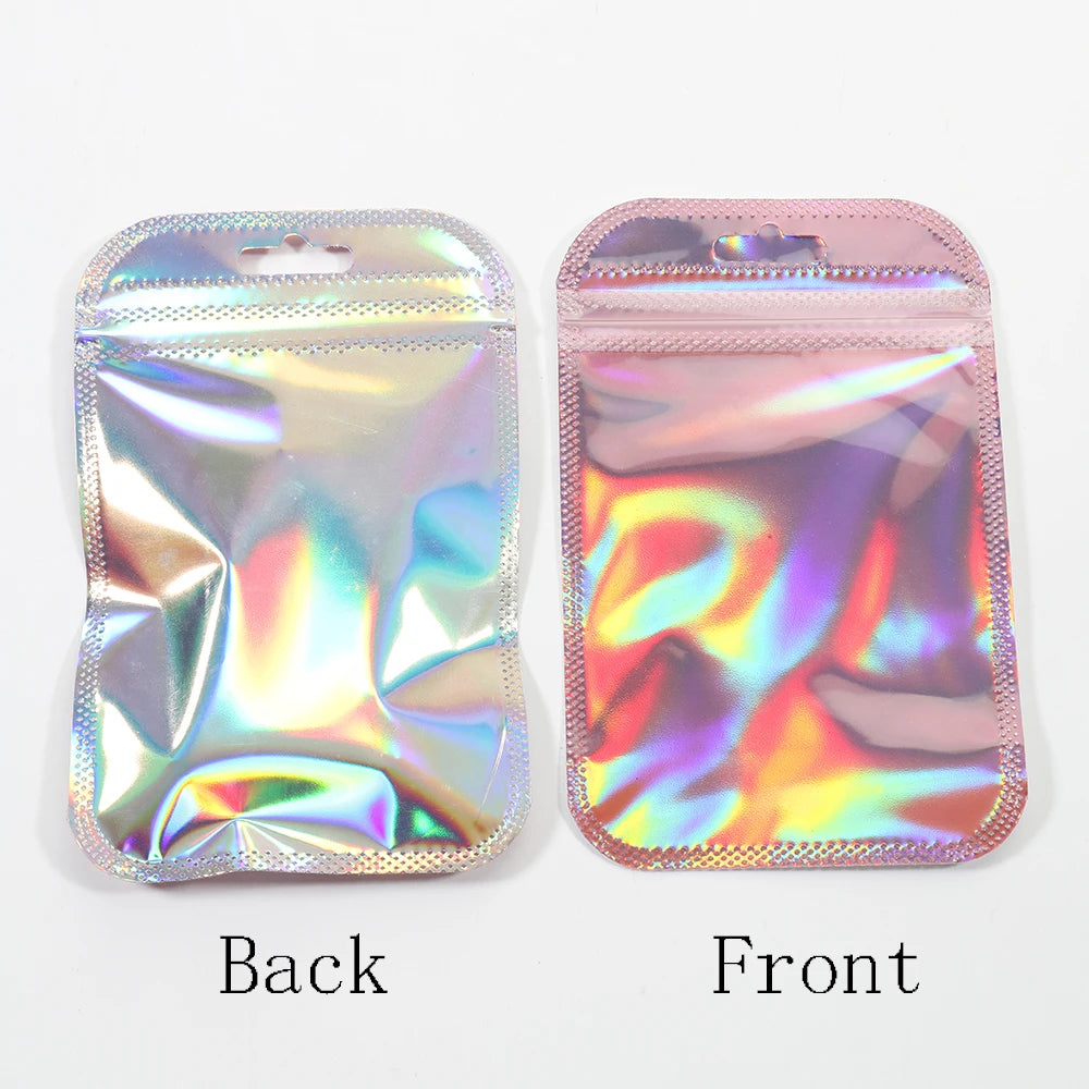 Iridescent self-sealing jewelry pouches shown from the back and front.