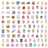 A collection of waterproof cartoon stickers for journaling and decoration, featuring various designs and colors.