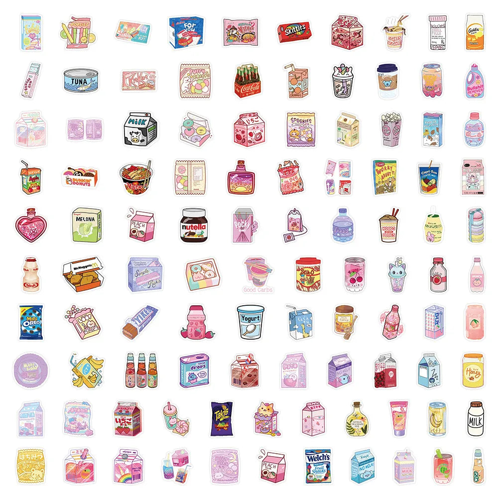 A collection of waterproof cartoon stickers for journaling and decoration, featuring various designs and colors.