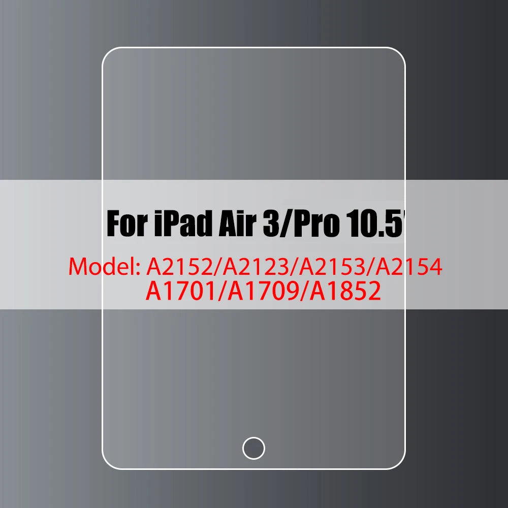 A transparent screen protector for an iPad Air 3/Pro 10.5 model with various model numbers listed.