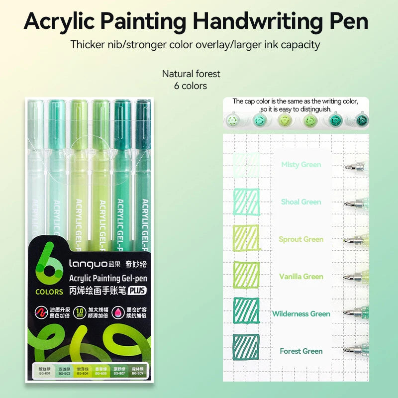 A set of six colored acrylic handwriting pens with thick nibs and strong color overlay.