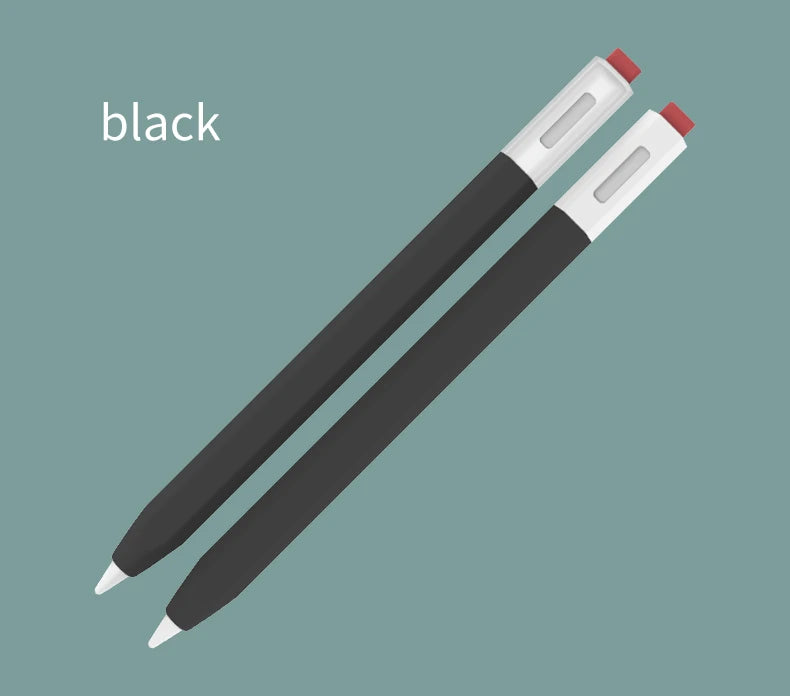Une paire de coques de protection en silicone noir pour stylet Xiaomi, vue en diagonale sur un fond vert sourd.