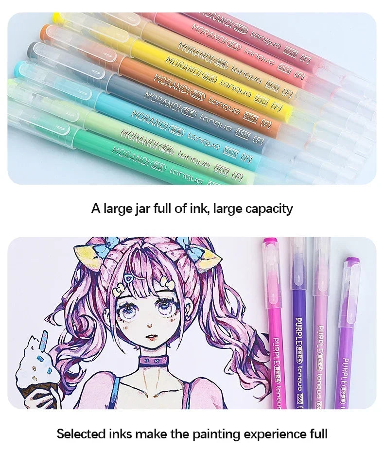 A large jar of multi-color Morandi gel pens and a woman painting with selected inks