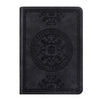 A black retro PU leather pocket notebook with embossed decorative patterns on the cover.