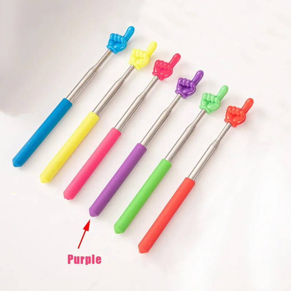 A set of colorful telescopic stainless steel teaching pointers with various colored tips.