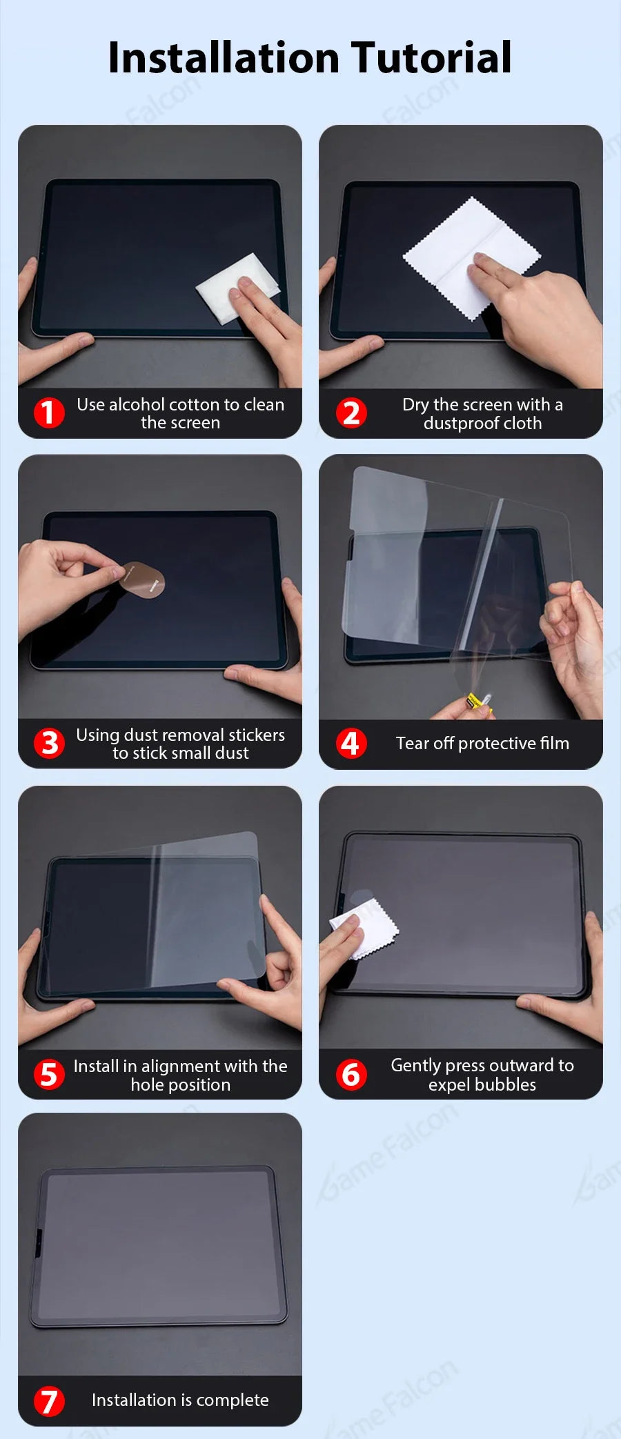 Installation tutorial showing steps to apply dual tempered glass screen protectors on an iPad.
