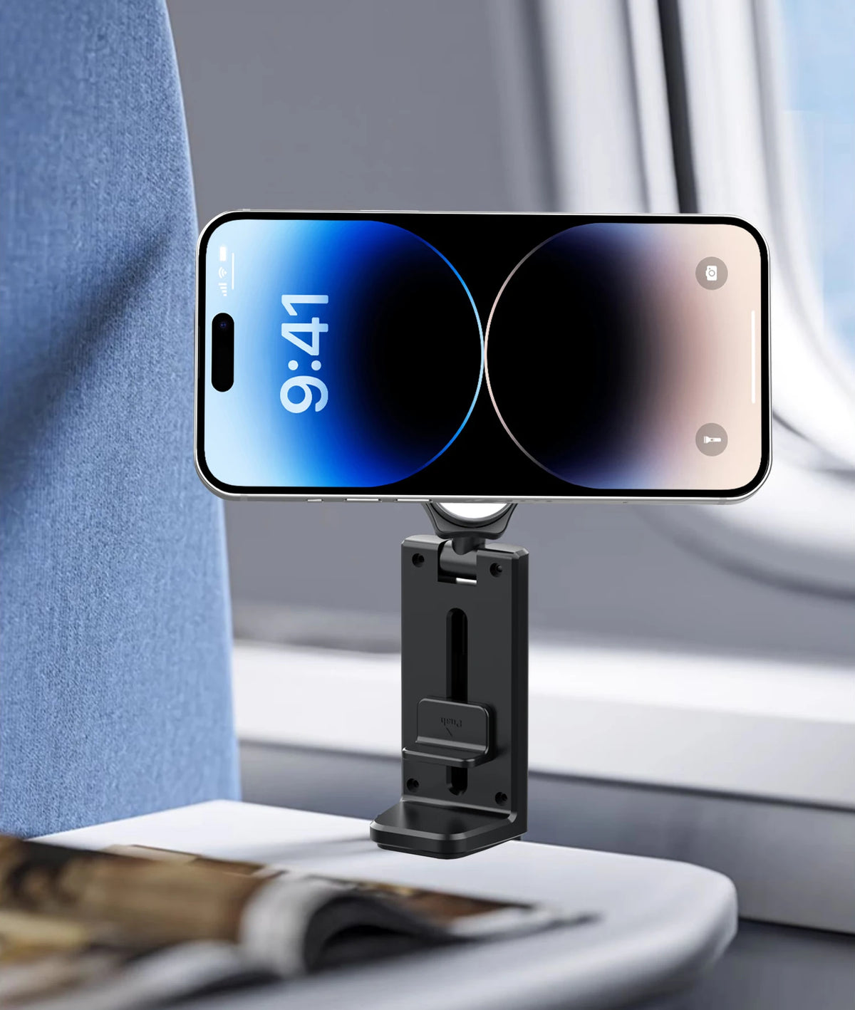Magnetischer Handyhalter mit Smartphone, das 9:41 auf einer Desktop-Oberfläche anzeigt.