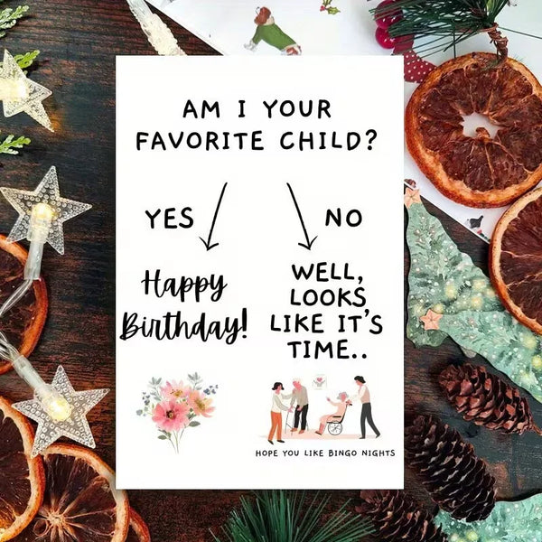 A greeting card design asking if the recipient is their favorite child with options for yes or no