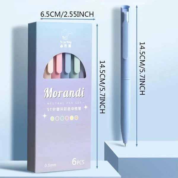 A box of Morandi neutral set gel pens with 6 pastel colored pens shown next to a pen and measurements.