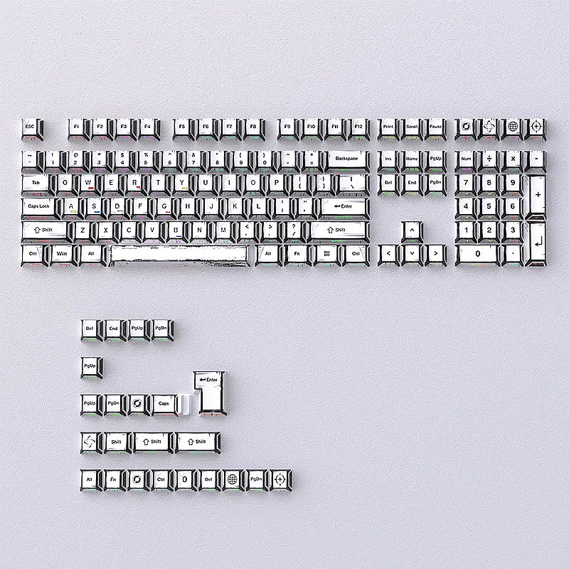A full set of translucent PBT keycaps with side printing in a cherry profile layout for a mechanical keyboard.