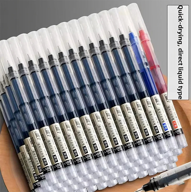 A collection of clear pens with fine tips and colored ink cartridges arranged in a row.