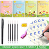 A set of four educational practice books for letters, numbers, and math, along with a pen case and refills.
