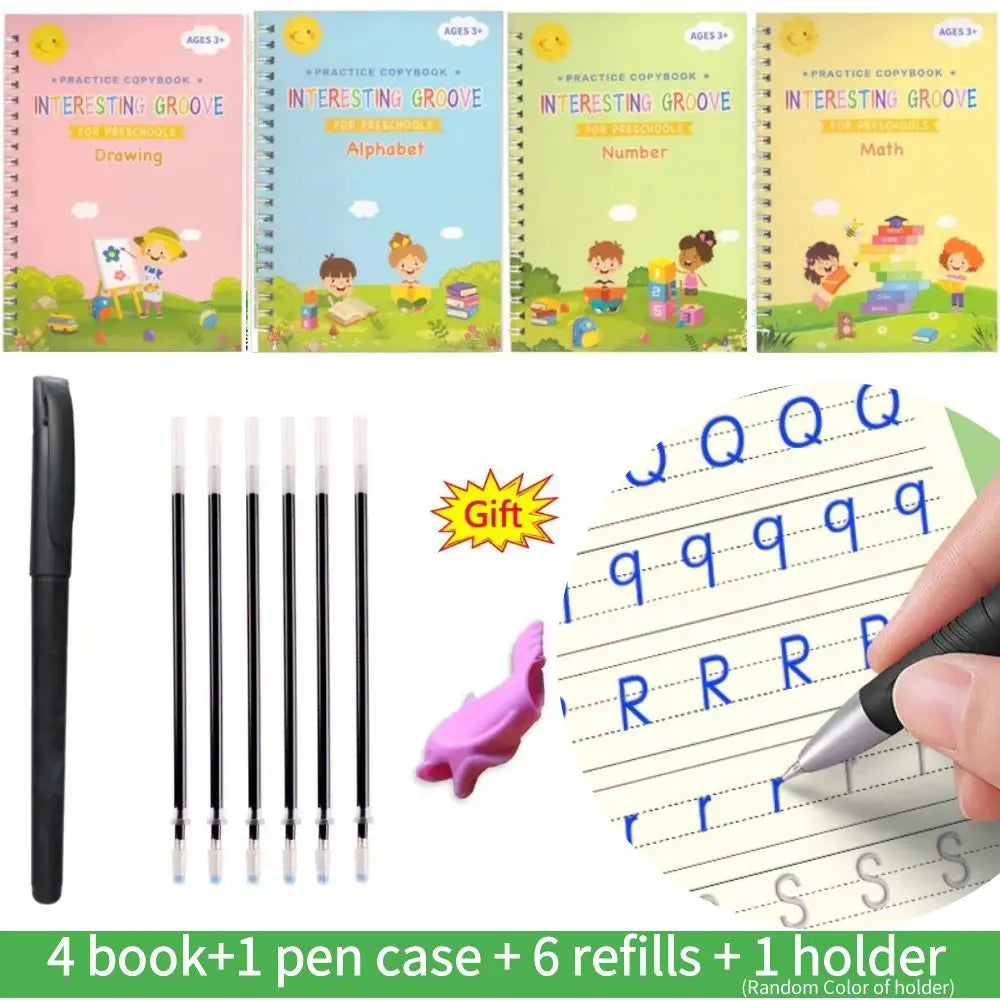 A set of four educational practice books for letters, numbers, and math, along with a pen case and refills.