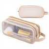 A beige transparent pencil case with a zipper and a strap, showing pencils inside.