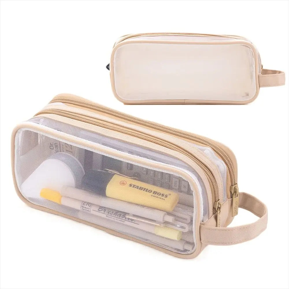 A beige transparent pencil case with a zipper and a strap, showing pencils inside.