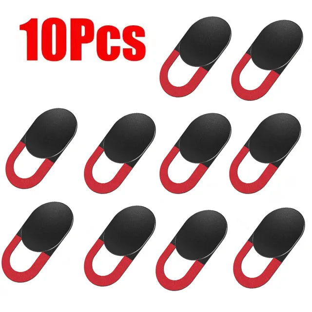 Ten black camera privacy sliders with red grips for mobile and laptop cameras
