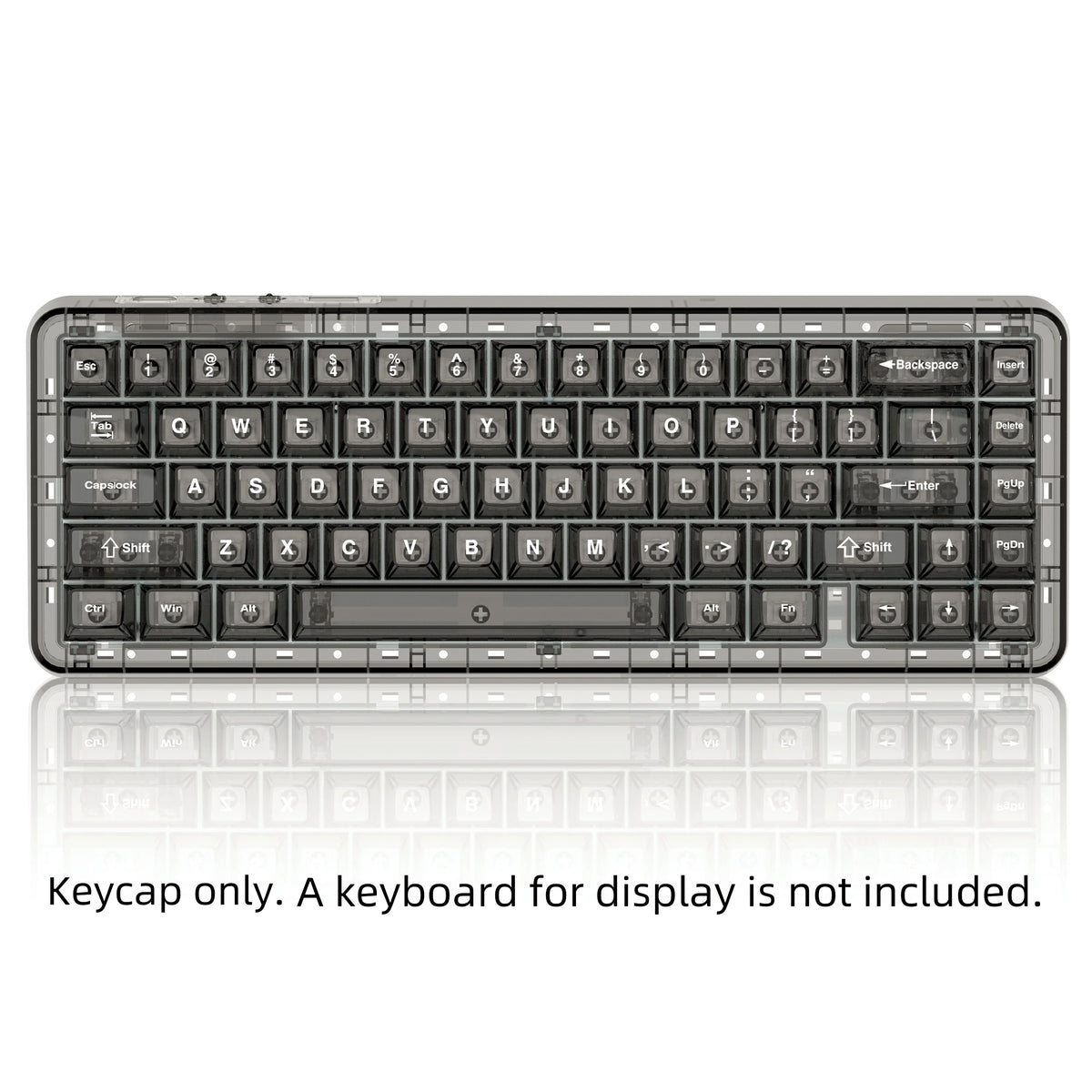 Crystal clear RGB keycaps for mechanical keyboards shown on a reflective surface.