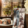 Rolls of floral themed decorative washi tape featuring botanical illustrations and vintage typography
