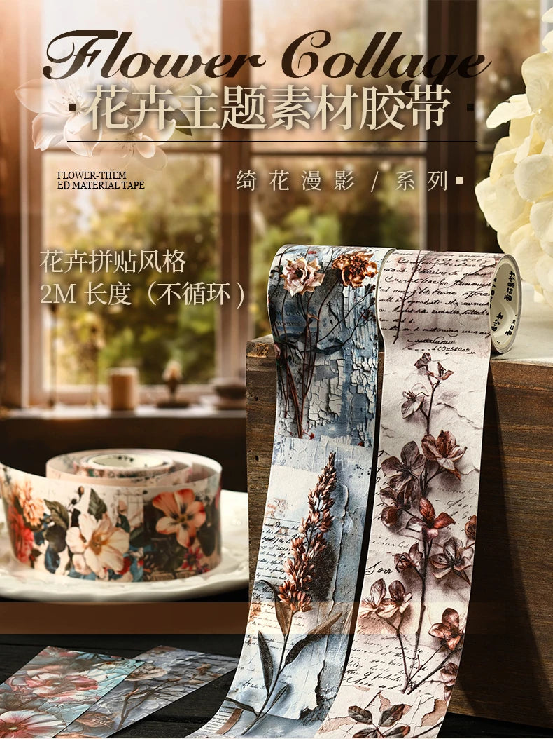 Rolls of floral themed decorative washi tape featuring botanical illustrations and vintage typography