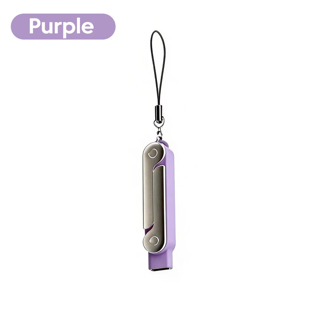 Purple fast charging USB-C to USB-C adapter and phone stand with a black cord.