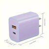 A lavender dual port USB-C fast charger with a 6ft Lightning cable shown from the top and side.