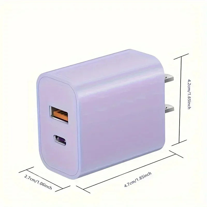 A lavender dual port USB-C fast charger with a 6ft Lightning cable shown from the top and side.